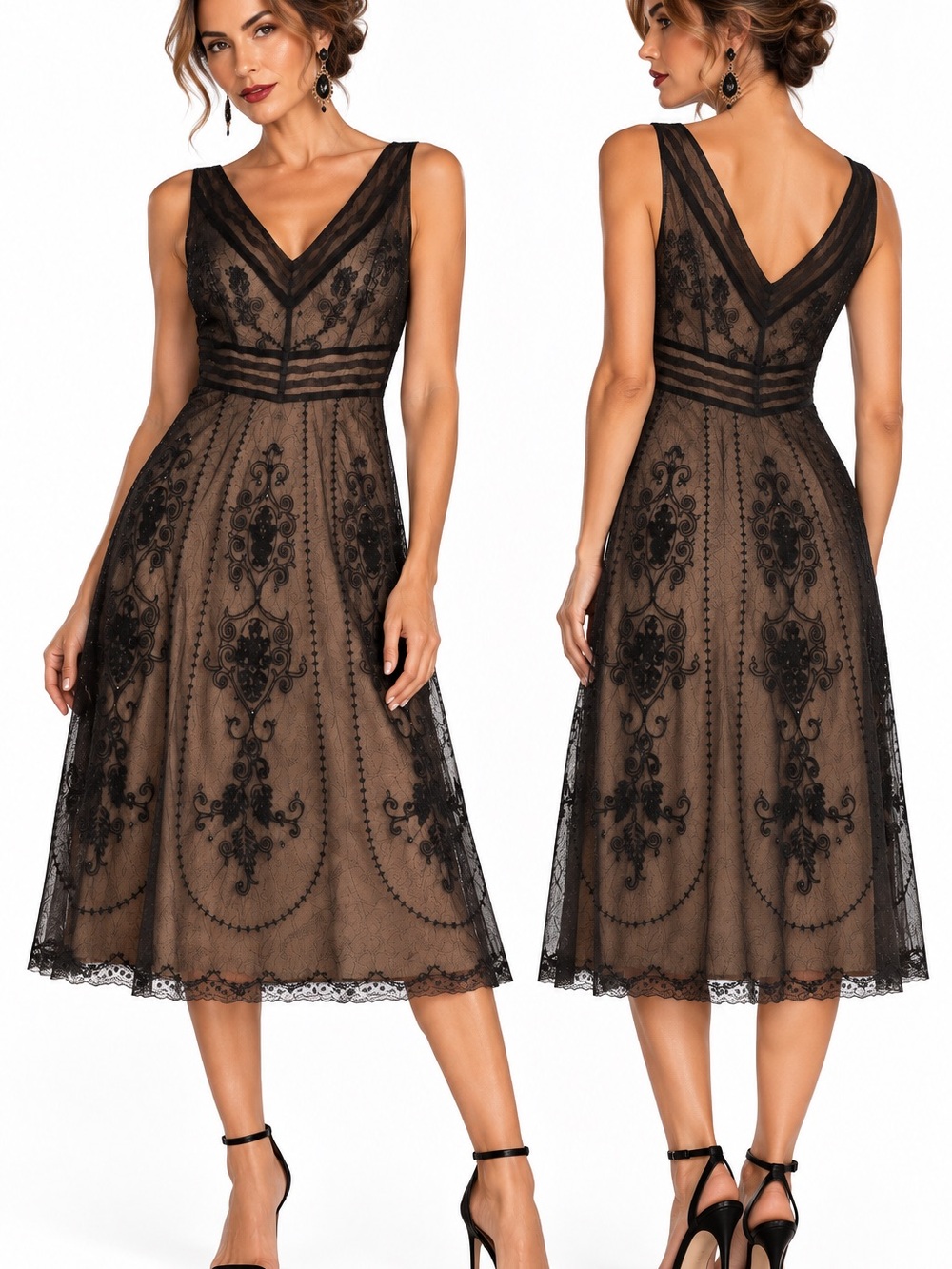 Art Deco Black Embroidered Tulle Midi Dress Nude Lining Sz 2